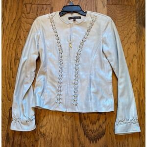 Anne Klein Women's Light Gray Jacket Braided Trim Zip Front Long Sleeve Size S